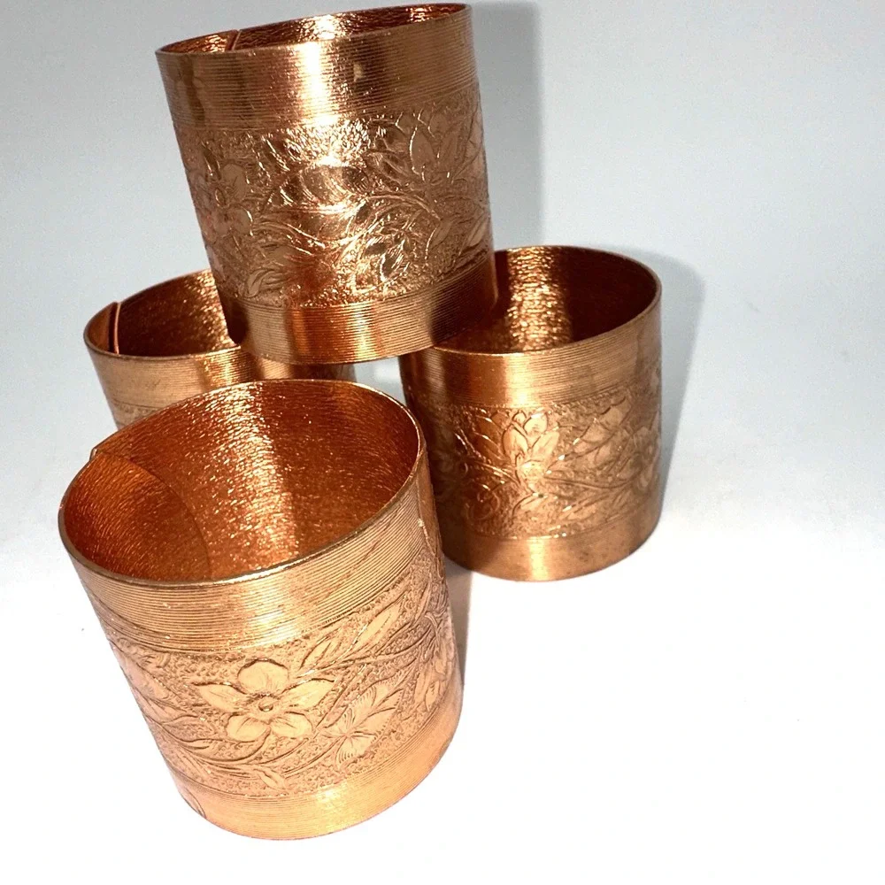 Coppercraft Guild Napkin Rings Copper Floral Embossed Set of 4 Boxed
